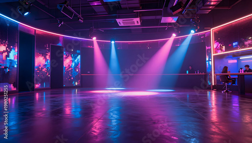 Empty Nightclub Dance Floor with Neon Pink Blue Lights and Disco Balls