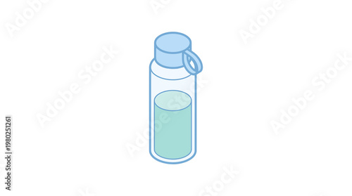 A minimalist isometric illustration of a reusable water bottle filled with a light blue liquid, perfect for representing hydration and healthy living