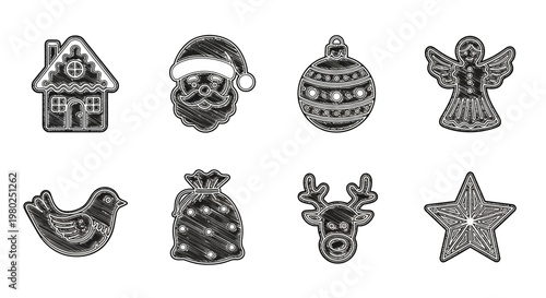Collection of Christmas-themed icons including a gingerbread house, Santa Claus, ornament, angel, dove, gift bag, reindeer, and star, in a grayscale artistic style, perfect for holiday designs 