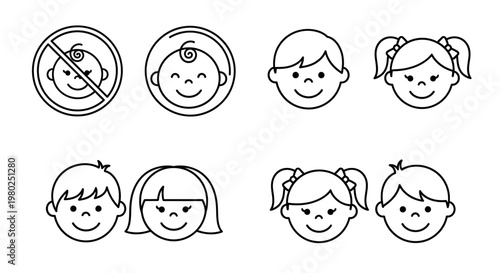 Children's Faces Icons and Symbols for Various Applications and Creative Projects