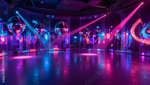Empty Nightclub Dance Floor with Neon Pink Blue Lights and Disco Balls