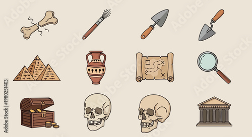 Archaeology icons and ancient symbols.