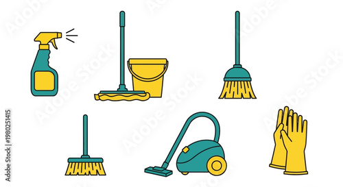 Cleaning tools and supplies collection.