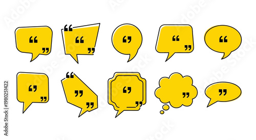 Dynamic assortment of yellow speech bubbles and quote boxes with distinct shapes, perfect for testimonials, messages, and dialogue in digital communication