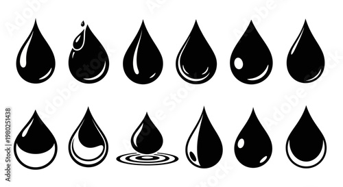 Collection of Realistic and Stylized Water Droplet Icons Illustrating Purity and Fluidity