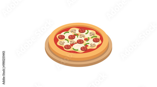 A top-down view of a delicious, freshly baked pizza with various toppings, including mushrooms, olives, and cheese, presented on a wooden board