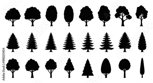 Diverse collection of tree silhouettes, featuring various botanical species from deciduous to evergreen, ideal for nature-themed graphic design and landscape illustration projects