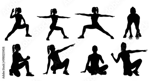 Diverse collection of women's fitness and yoga poses, presented as striking black silhouettes, illustrating various exercise, stretching, and wellness concepts for a healthy lifestyle