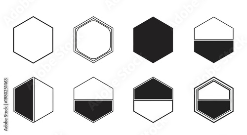 Set of diverse hexagon icons showcasing various geometric designs and fill patterns, perfect for modern graphic design elements and abstract logos