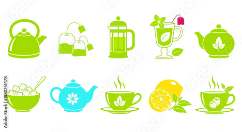 Diverse Collection of Tea-Themed Icons Featuring Pots, Cups, Bags, and Ingredients for Refreshing Hot Drinks and Infusions