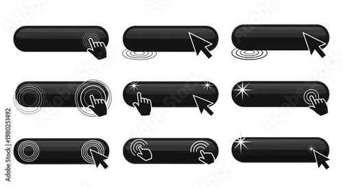Collection of interactive button elements with cursor icons in different states on a white background