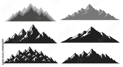 Diverse Collection of Mountain Range Silhouettes and Peaks Vector Illustrations for Nature-Inspired Designs and Alpine Themes