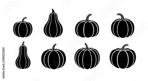 Collection of assorted pumpkins and gourds in silhouette, depicting various shapes and sizes for seasonal decoration and harvest themes