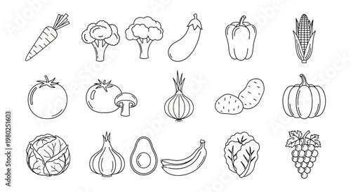Diverse Collection of Healthy Organic Fruits and Vegetables Line Art Icons for Nutrition, Wellness, and Balanced Lifestyle Design Graphics