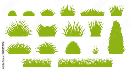 Assortment of Lush Green Grass Tufts, Field Blades, and Garden Shrub Elements Vector Illustration