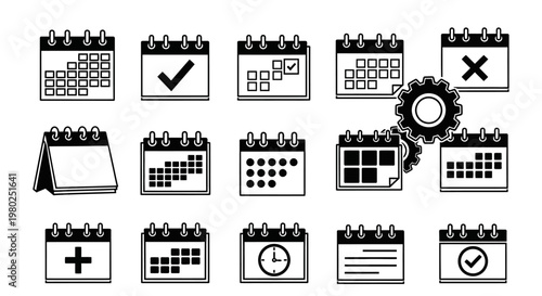 Diverse Collection of Outline Calendar Icons for Scheduling, Event Planning, and Time Management Concepts in Digital Interfaces