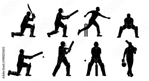Silhouette collection showcasing diverse cricket player actions from batting to bowling and wicketkeeping
