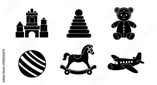 Classic Toy Silhouettes Castle, Stacking Rings, Teddy Bear, Ball, Rocking Horse, and Airplane Icons for Children's Playtime Designs