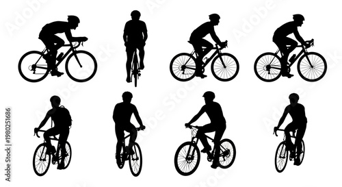 Collection of dynamic black cycling rider silhouettes, ideal for sports, fitness, and active lifestyle graphic design projects and iconography