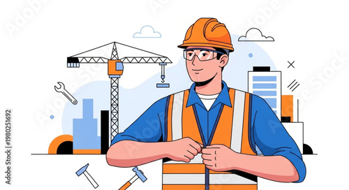 Construction Worker Wearing Hard Hat And Safety Vest.