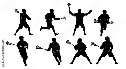 Dynamic silhouettes of male lacrosse players in various action poses, capturing the energy and skill of this fast-paced team sport