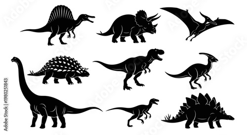 Collection of Silhouetted Dinosaur Illustrations Depicting Various Prehistoric Reptiles and Creatures