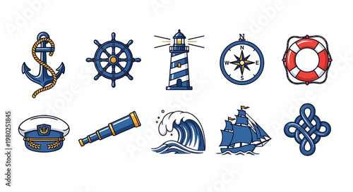 Nautical icons and maritime symbols.