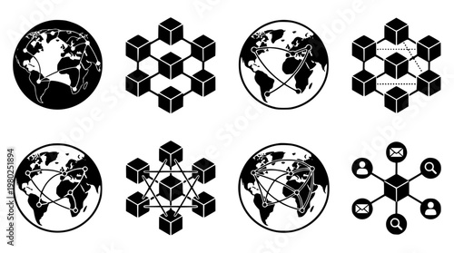 Black and white vector graphic illustrations of network connections