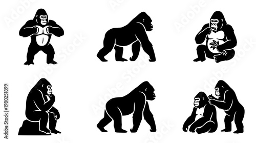 Black silhouettes of gorillas in various poses and actions