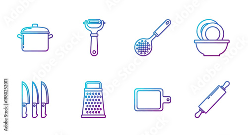 Vibrant Gradient Line Art Icons Representing a Diverse Array of Cooking Tools and Essential Kitchenware for Culinary Preparation