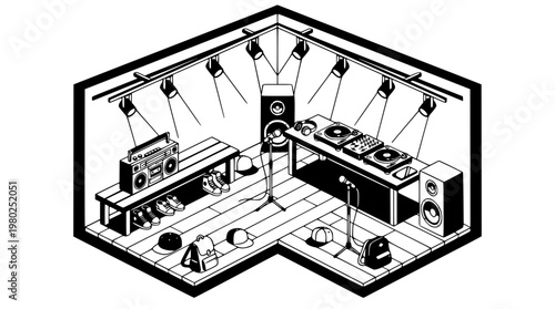 Music studio with DJ equipment and recording setup