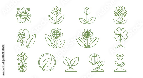 Diverse collection of green line art icons showcasing various plants, blooming flowers, and symbols of growth, ecology, and nature's sustainability