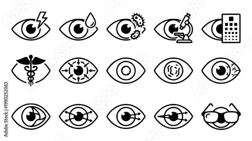 Vector graphic illustration of various eye icons and designs