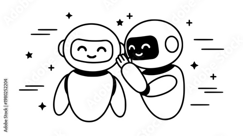 Two astronauts sharing a happy moment in space