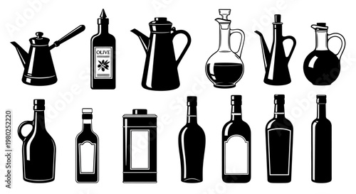 Stylized collection of black silhouette illustrations featuring various bottles and containers for culinary oils and vinegars, perfect for food and kitchen design concepts