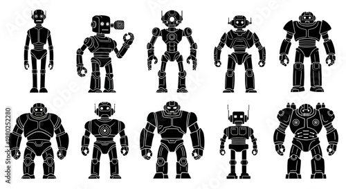 Collection of diverse futuristic robot designs showcasing various anthropomorphic mechanical figures, from simple silhouettes to complex armored mechs