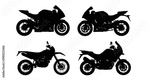 Diverse collection of motorcycle silhouettes, featuring sportbikes, dirt bikes, and adventure models, perfect for graphic design and automotive-themed projects