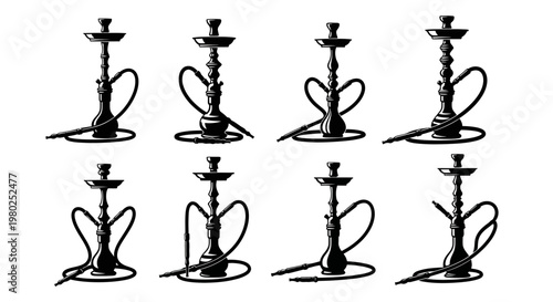 Collection of traditional shisha pipes silhouettes, vector set for smoke and lounge concepts, diverse hookah designs for cultural themes