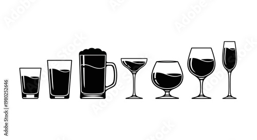 A diverse collection of classic beverage glasses, showcasing various drinkware for different alcoholic refreshments and celebratory occasions, presented in a sleek, minimalist style