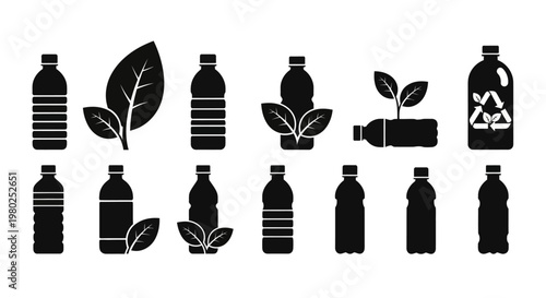 Collection of vector icons of plastic bottles with recycling symbols and green leaves, representing eco-friendly and sustainability concepts