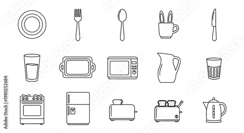 Collection of kitchen appliances and utensils, a simple outline illustration featuring household items for cooking and dining