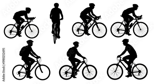 Dynamic collection of black silhouettes featuring cyclists on bicycles, illustrating diverse riding positions and the active essence of sports and fitness training