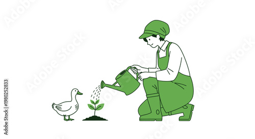 Gardener watering small plant with a duck standing nearby