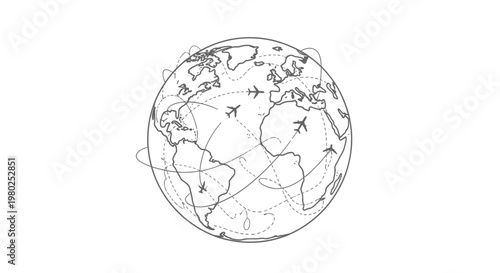 Global travel network with airplanes circling Earth globe