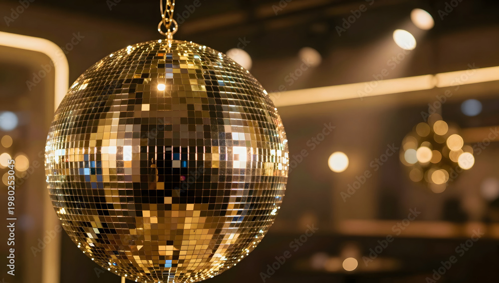 Obraz premium Golden Disco Ball Hanging in Nightclub with Warm Lights and Reflections