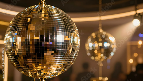 Golden Disco Ball Hanging in Nightclub with Warm Lights and Reflections