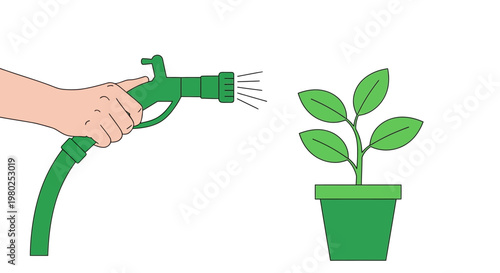 Hand watering small green potted plant.