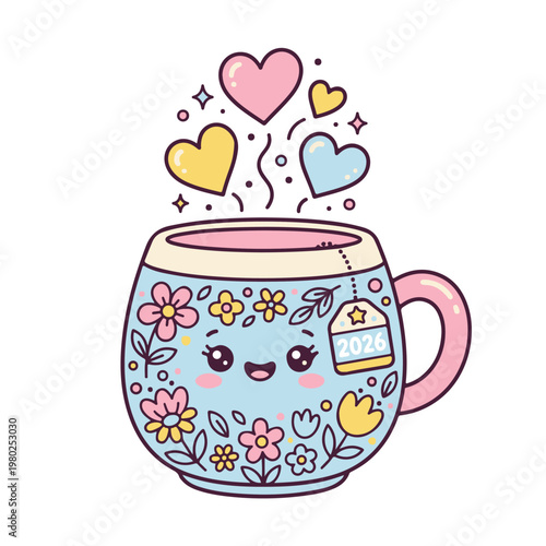 A cute cartoon mug with hearts and flowers celebrates Mother's day.