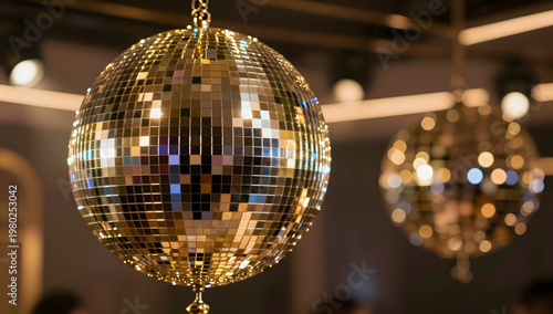 Golden Disco Ball Hanging in Nightclub with Warm Lights and Reflections
