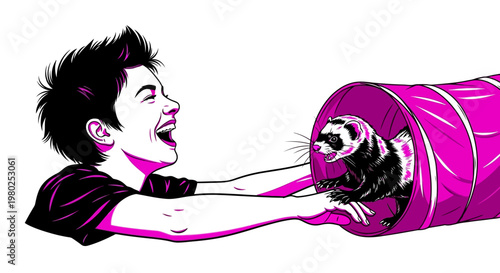 Happy person interacting with ferret emerging from tunnel